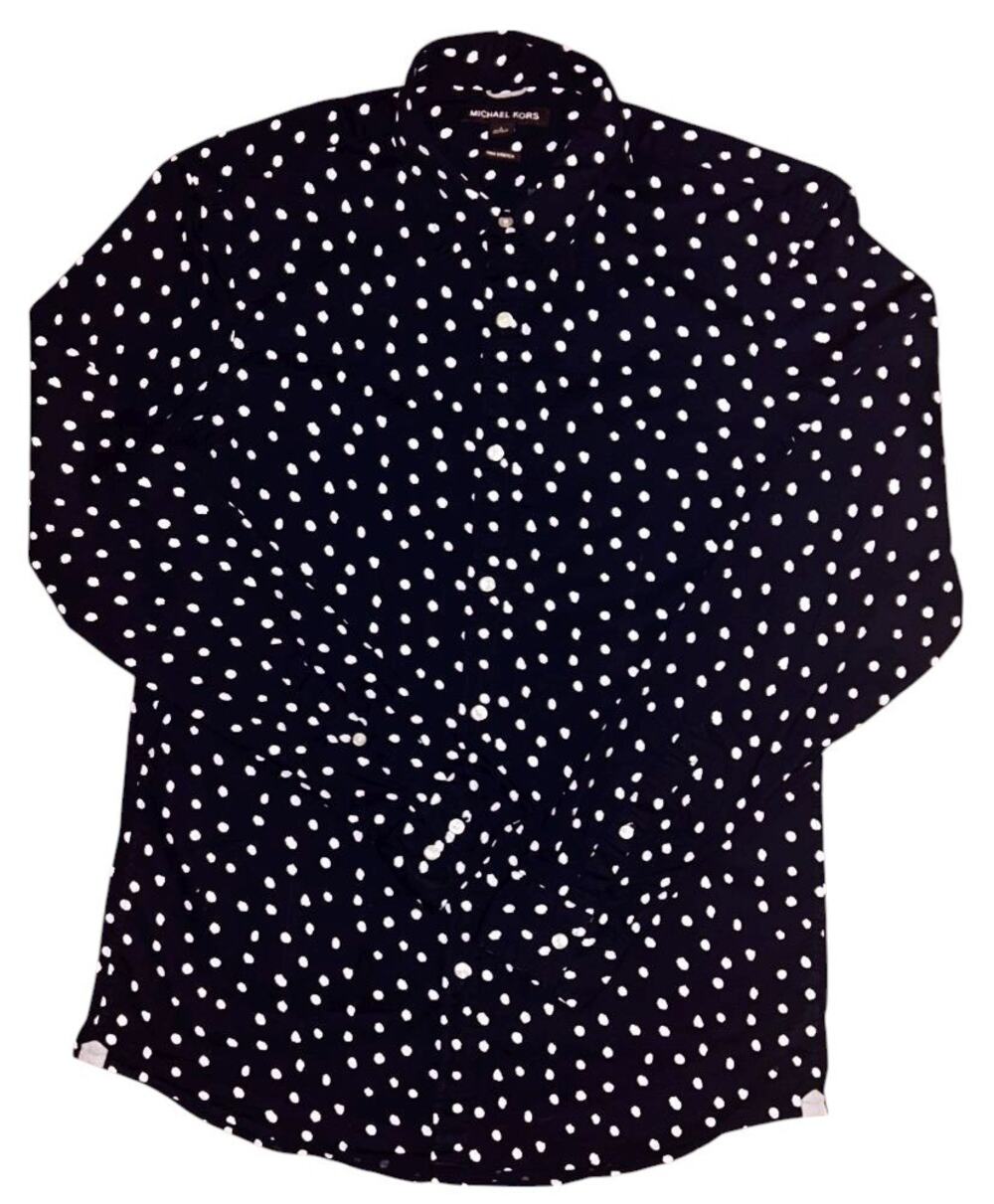 Michael Kors Trim Stretch Navy Blue & White Polka Dot Button Down Shirt Large